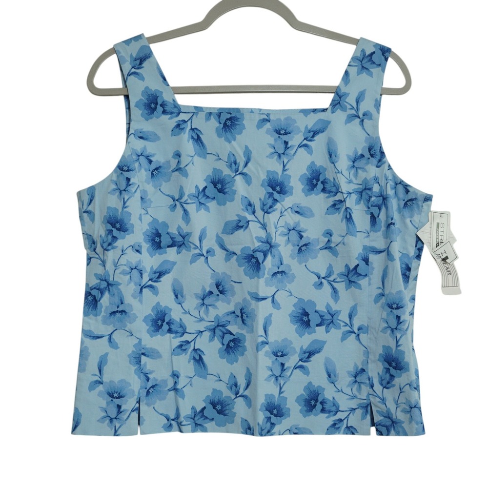 Vintage Size 12 Floral Jones Wear Blue Cottagecore Square Neck Sleeveless Top
